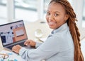 Black woman manager on laptop planning and working with company business email, SEO chart and graph for success Royalty Free Stock Photo