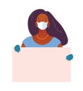 A black woman in a medical mask and gloves holds a poster with place for text. Template for design, coronavirus epidemic, concept