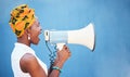Black woman, megaphone and free space for freedom of speech, justice and equality on blue background for change