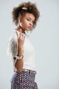 Black woman, peace sign and portrait of a person holding a cool hand sign. Fashion, white background and isolated model Royalty Free Stock Photo