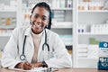 Black woman, pharmacist portrait and smile consultant with stock and health research for wellness. Happy, pharmacy