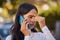 Black woman, phone call and stress, worry or sad, communication and reaction to bad news, conversation on smartphone and Royalty Free Stock Photo