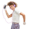Black woman, phone and dancing to fun music, podcast or radio against a white studio background. Portrait of isolated Royalty Free Stock Photo