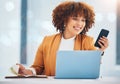 Black woman, phone and laptop, notebook and schedule, organizing calendar with technology and smile. Professional female Royalty Free Stock Photo