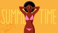 Beautiful black woman in the pink bikini and sunglasses. Sexy model posing with hands raised. Slim body. Concept of summertime,  s Royalty Free Stock Photo