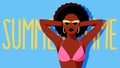 Beautiful black woman in the pink bikini and sunglasses. Sexy model posing with hands raised. Close-up portrait. Concept of summer