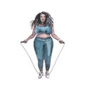 Black woman plus size jumping rope in sneakers