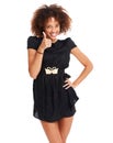 Black woman, portrait or afro thumbs up for fashion clothes, trendy party style or cool clothing on white background