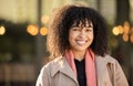 Black woman, portrait and city travel with a happy smile while outdoor on London street with freedom. Smiling face of Royalty Free Stock Photo