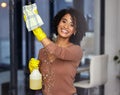 Black woman, portrait and cleaning windows in home, wipe glass and spray chemicals for hygiene. Female person, maid and Royalty Free Stock Photo