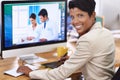 Black woman, portrait and editor worker at computer with a smile and ready for digital photo editing. Tech, desk and Royalty Free Stock Photo