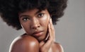 Black woman, portrait and skin, natural beauty and afro hair with glow isolated on studio background. African female