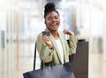 Black woman, portrait smile and credit card with shopping bag in ecommerce, payment or banking at mall. Happy African Royalty Free Stock Photo