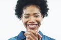 Black woman, portrait and in studio with clapping hands for happiness celebration, support or white background. Female