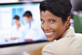 Black woman, portrait and website developer at computer with a smile and ready for digital photo editing. Tech, desk and Royalty Free Stock Photo