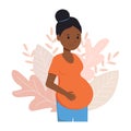 A black woman is pregnant and expecting a baby. A girl in the last stages of pregnancy with a big belly. Vector illustration in