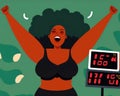 A black woman raising her arms in triumph as numbers decrease on a digital weight loss scale.. AI generation