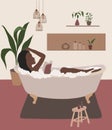 Black woman read book In bathtub wall art. African woman poster. Aesthetic boho vector illustration