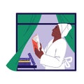 Black woman reading book in window. People do morning routine, person wearing white bathrobe after bathing, relax on