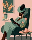 A black woman reclines on a chaise reading a book and sipping a cup of tea while taking a break during her spa