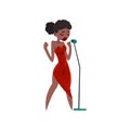 Black woman in red evening dress singing with microphone, beautiful African American female singer vector Illustration Royalty Free Stock Photo