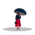 A black woman in a red skirt stands on high-heels under an umbrella. Flat cartoon character on isolated white background Royalty Free Stock Photo