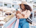 Black woman, retail shopping bag and city smartphone search fashion sales, social media and online newsletter, discount