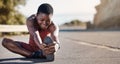 Black woman runner, stretching and street with smile, focus and ready for exercise, training or goal. Woman, happy and