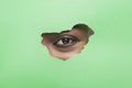 Black Woman`s Eye Without Mascara Looking Through Torn Green Paper
