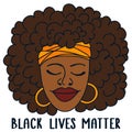 Black woman`s face with closed eyes and black curly hair