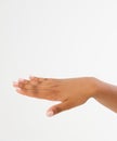 Black Woman`s hand with palm down. handbreadth isolated on a white background. Front view. Mock up. Copy space. Template. Blank.