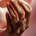 Black woman\'s hand with pink gemstone ring. AI generated Royalty Free Stock Photo