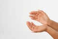 Black Woman`s hand two palm up. handbreadth isolated on a white background. Front view. Mock up. Copy space. Template. Blank.