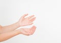 Black Woman`s hand two palm up. handbreadth isolated on a white background. Front view. Mock up. Copy space. Template. Blank.