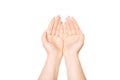 Woman`s hand two palm up. handbreadth isolated on a white background. Front view. Mock up. Copy space. Template. Blank