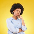 Black woman, sad face and thinking in studio upset, sulking and disappointed on a yellow background. African female