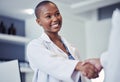 Black woman, scientist and handshake, smile for partnership and science collaboration with introduction in lab