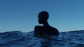 Black woman in the sea against the sunset. Woman without hair, bald girl in the water. 3d render