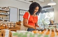 Black woman, shop and grocery for organic, food and happy for shopping, eco friendly or health on sale. Girl, store and Royalty Free Stock Photo