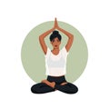 A black woman sits in a lotus position. The concept of relaxation, harmony, appeasement. The girl is doing yoga. Vector