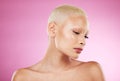Black woman, skincare beauty and cosmetics in studio with short blonde hair, face profile and pink background. African