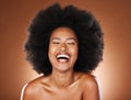 Black woman, skincare beauty and hair care model with healthy afro, natural cosmetics empowerment and happy laugh Royalty Free Stock Photo