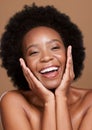 Black woman, skincare and happy smile, wellness and cosmetics with natural makeup in brown studio background. Hair care Royalty Free Stock Photo