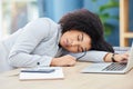 Black woman, sleeping and office desk while tired, burnout and fatigue while asleep by laptop at corporate company, head Royalty Free Stock Photo