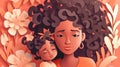 Black woman with small child, spring illustration, generative AI.