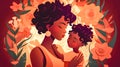 Black woman with small child, spring illustration, generative AI.