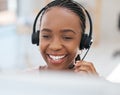 Black woman, smile and consulting in call center, contact us or telemarketing communication at the office. Happy African Royalty Free Stock Photo