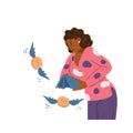 Black woman stand with empty wallet in her hands, gold coins with wings flying away. Personal budget planning failure.