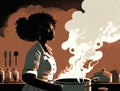 A black woman stirs a bubbling boiling pot of st as the fraant aroma of es mixes with the steam and fills the kitchen