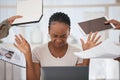 Black woman, stress and overworked with workload, burnout and anxious at desk with headache. Female worker, assistant Royalty Free Stock Photo